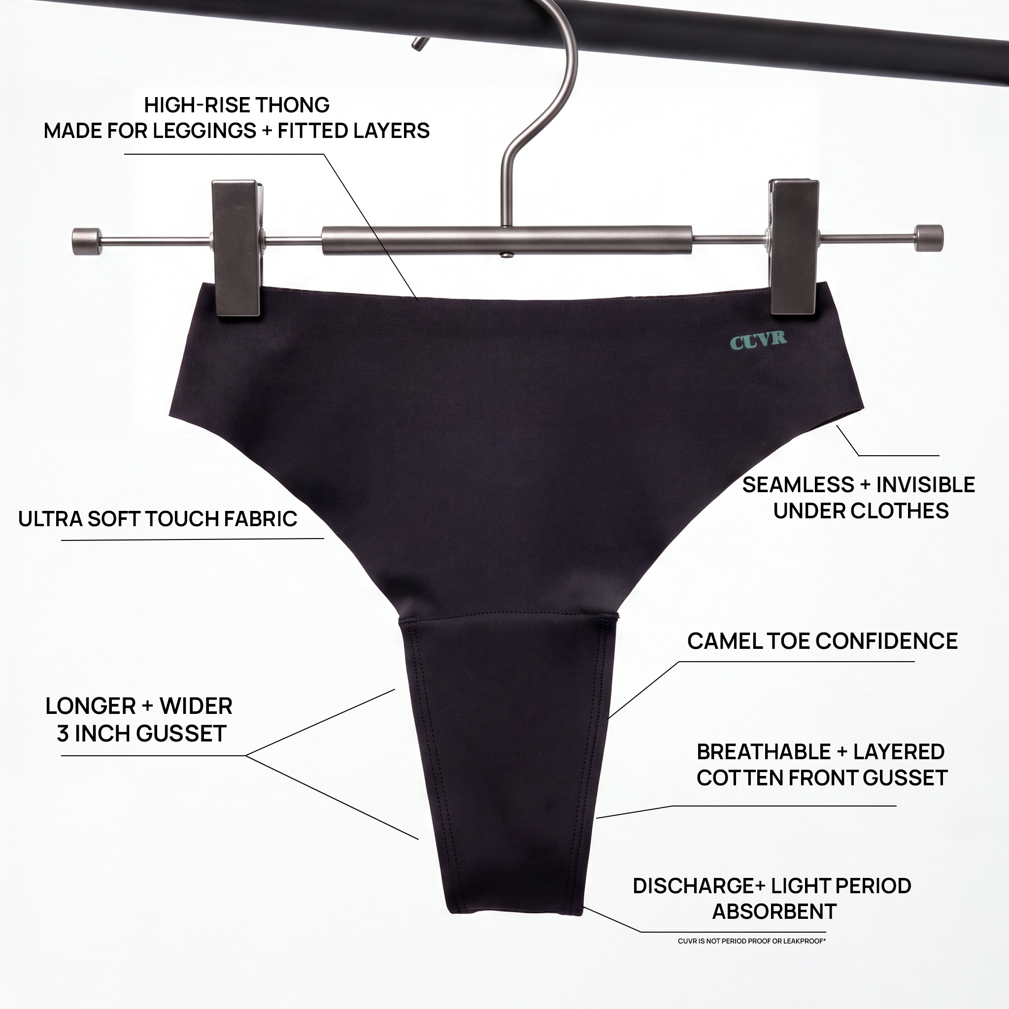 Camel Toe Prevention Underwear - High-Rise Thong - Jet Black