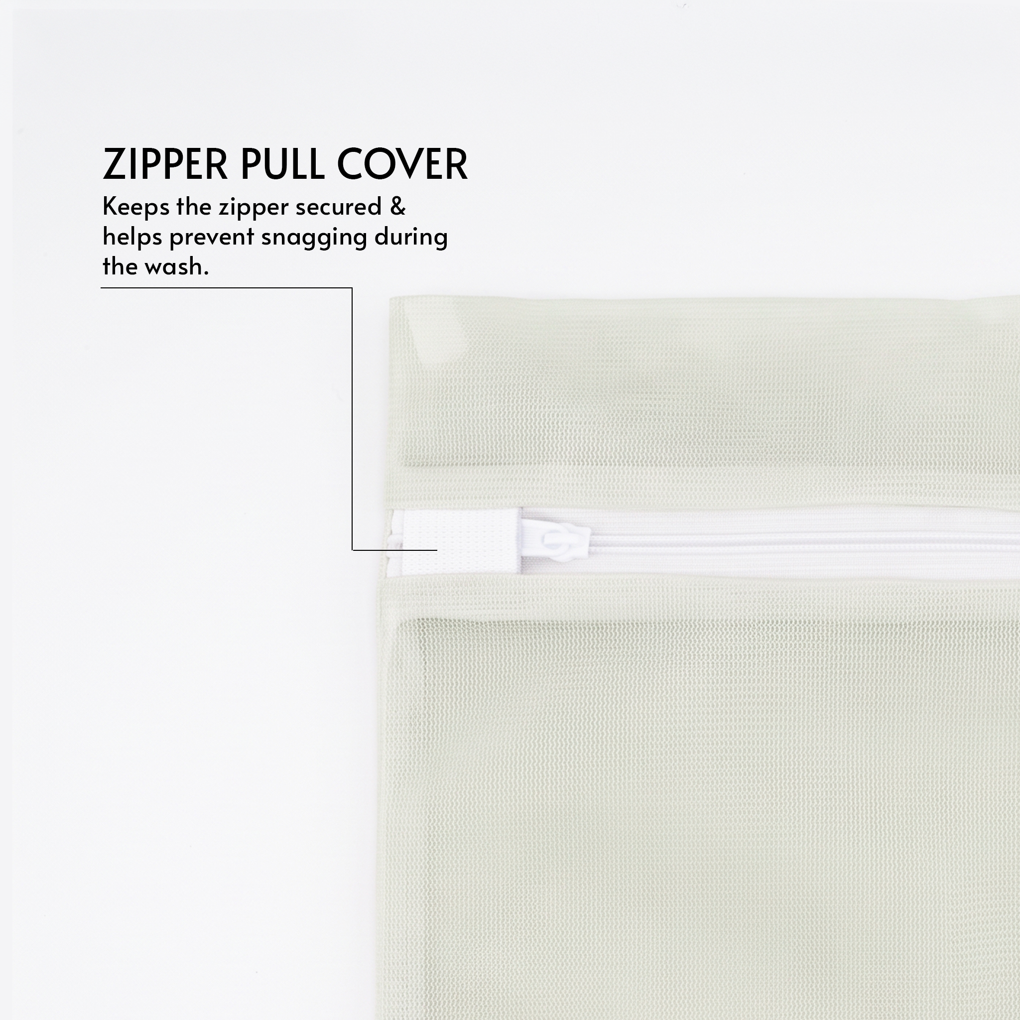 Covered zipper pull on the CUVR delicates wash bag to help prevent snagging