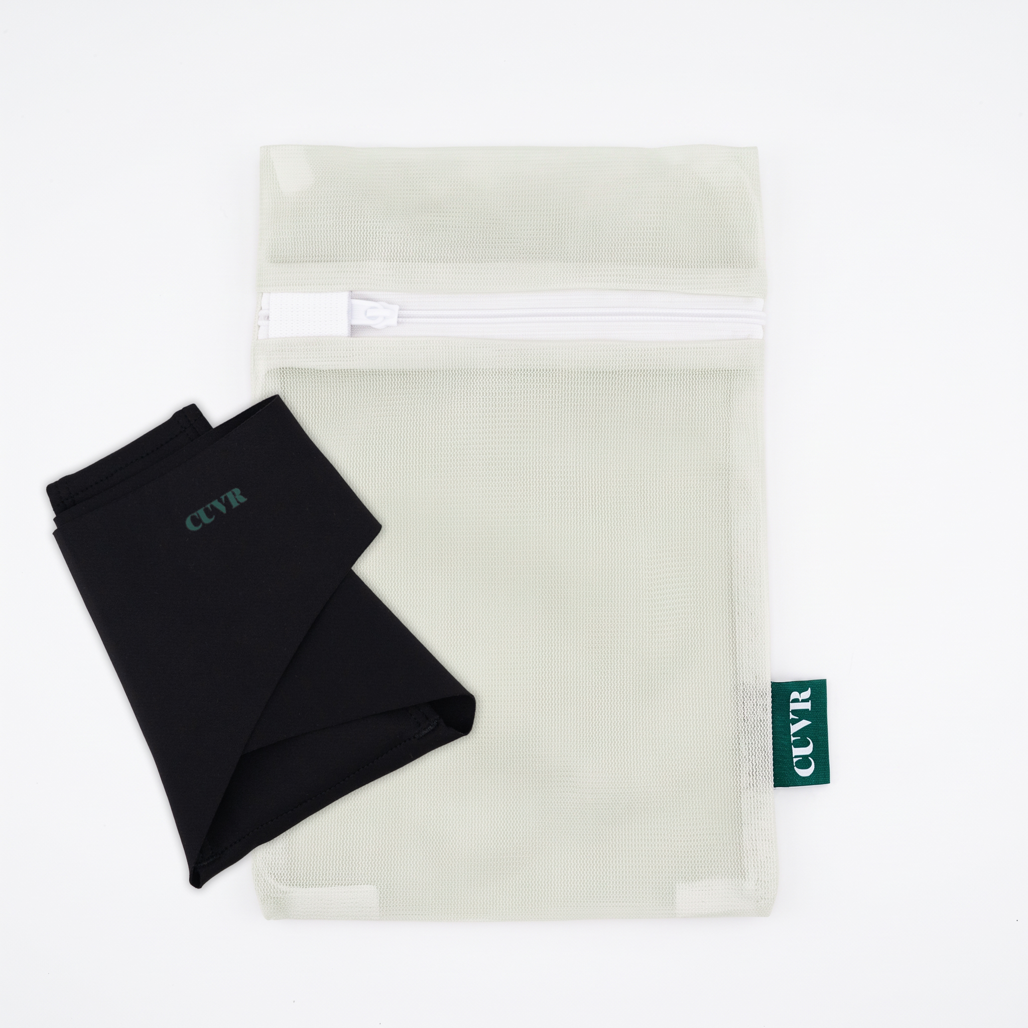 CUVR mesh underwear laundry bag shown with a Jet Black thong